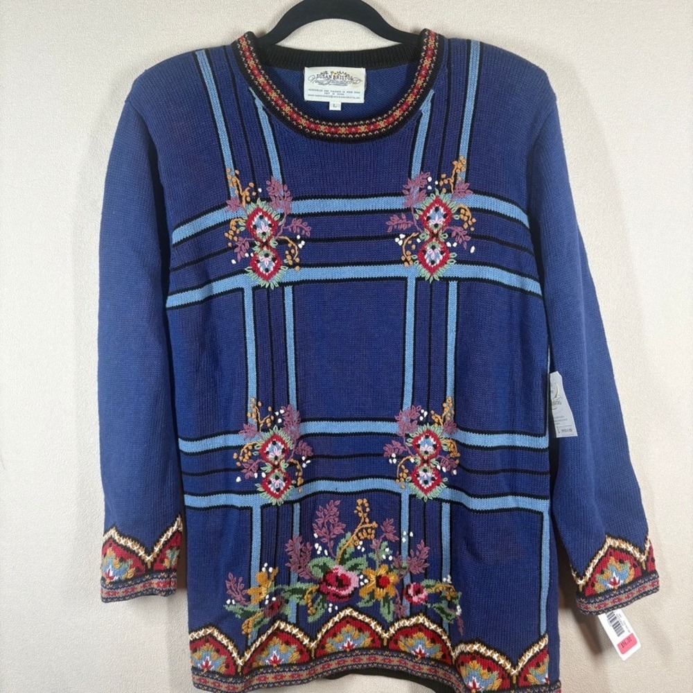 NOS Vtg 1993 Susan Bristol Sweater L Blue Embroidered Cottagecore French Country